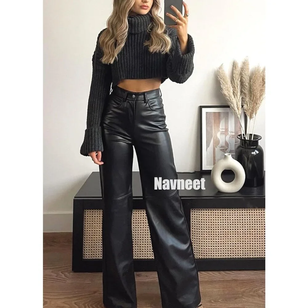 Women's Black Faux PU High Waist Straight Leg Leather Leggings Bell Bottom Pants - Picture 6 of 7